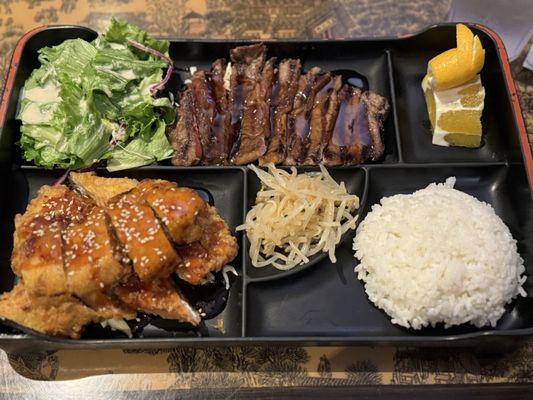 Bento w beef teriyaki and sesame chicken, delish as always!