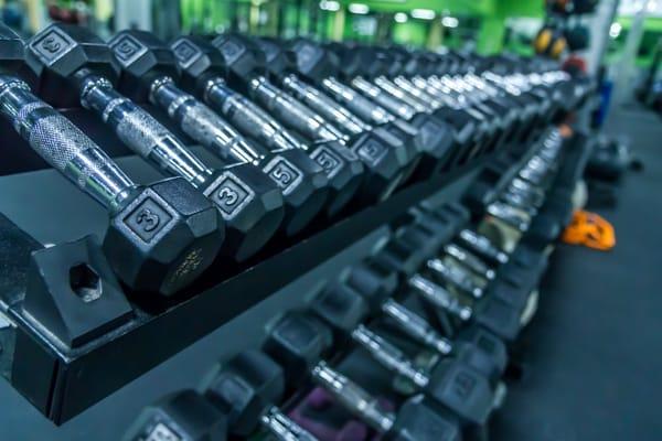 We have a full assortment of rubber and steel dumbbells ranging from 1 to 100lbs. We also have 2 full sets of kettle bells from 5 to 80lbs!