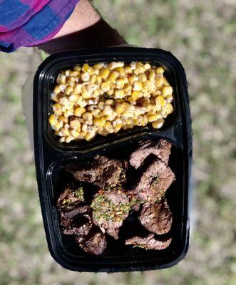 Delicious angus top sirloin with creamy corn