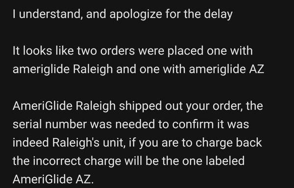 Email response from customer service over a month after notifying them of the duplicative charges.