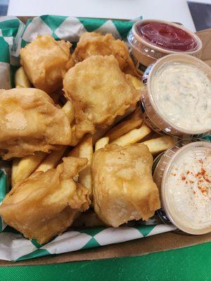 Halibut Beer Battered Fish and Chips only at Sellwood Fish and Chips, Gluten Free, Dairy Free no high corn fructose syrup.