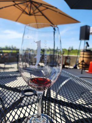 Wine glass, wine, and nice scenery!