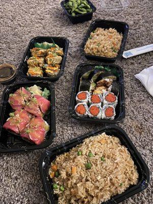 Spicy tuna, fried rice, Hot Girl Roll, Spider Roll, Edamame