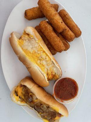 2 hot dogs and mozzarella sticks