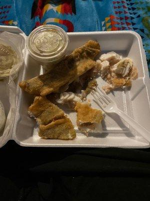 Soggy walleye and a cup (if that) of potato salad