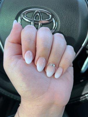 Oval shaped ombré powder nails with mini diamonds