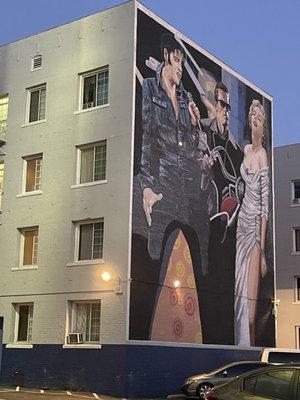 The Elvis, Marilyn & Schwarzenegger Icons 80 Foot Wall Mural Santa Monica Blvd & Wilton Pl.  back of Derby Aoartments Hollywood