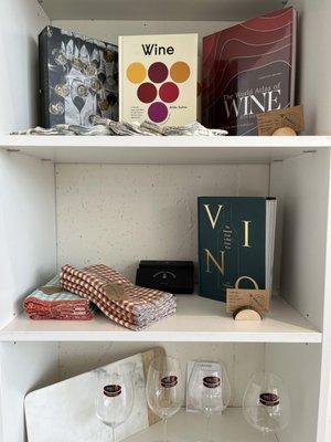 Wine books, hostess gifts, wine glasses, cards.