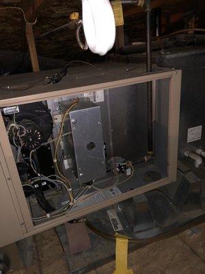 Old furnace that we changed out for a new high efficient condensing gas furnace.