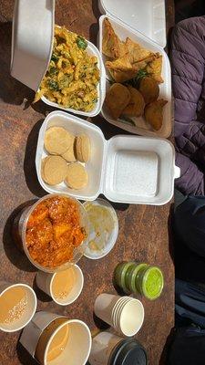 Spinach Pakodi, Samosa, irani tea, Chicken 65, biscuits