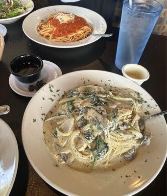 Spaghetti with tomato sauce and Chicken Geniova with angel hair past.