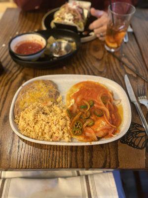 Huevos rancheros:  the ranchero sauce was very sweet, eggs cooked too hot so they ended up crispy on the edges.