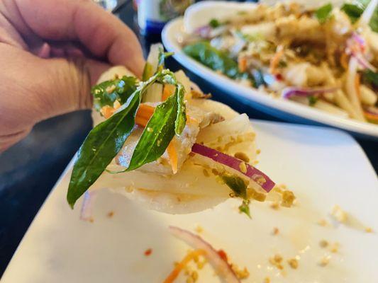 Lotus roots and shrimp salad served with pork, Vietnamese mint and sweet vinaigrette. Served on the side with fried shrimp chips