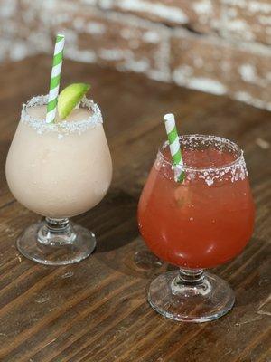 Frozen Prickly Pear margarita on the left & Strawberry margarita on the right