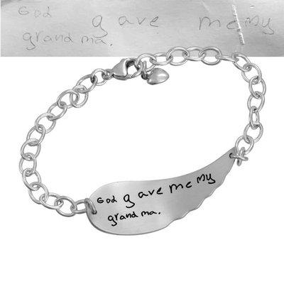 Silver angel wing bracelet with your handwriting