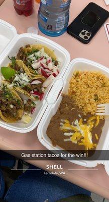 Asada street tacos and rice and beans