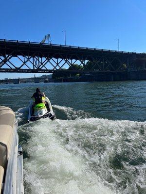 Seadoo towing pontoon on Willamette river