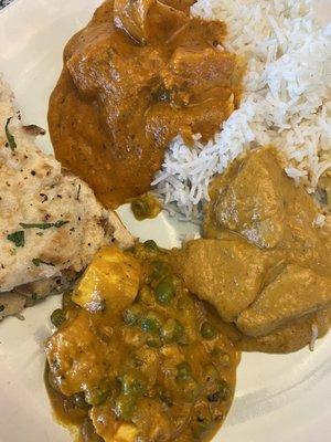 Mutter Paneer, Chicken Tikka Masala, Chicken Korma, and Garlic Naan