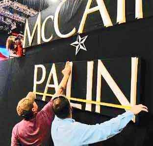 Moving exactly centered on the right.  Palin fits perfectly under McCain.