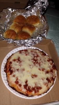 Quick and cheap! Chorizo personal pizza and garlic rolls for $8 and change.