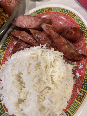 Non-spicy Hmong sausage with white jasmine rice.