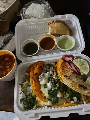 Birria Tacos (3) with Consom, Cheese Empanada &  Tres Leches