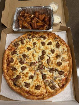 Sausage 25. Pepperoni, Mushrooms, Italian Sausage, Cheese and Tomato Sauce Pizza. 12 piece hot wings.