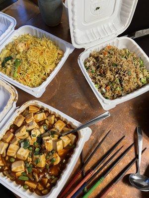 Mapow tofu, Singapore noodles and veg fried rice