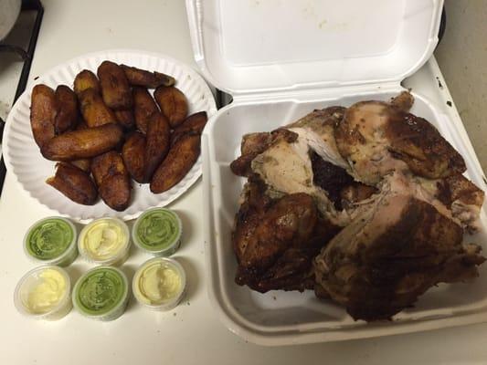 Whole chicken, no sides except for the plantain and the yummy sauces, the verde has a nice kick to it.