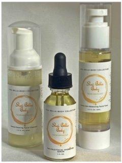 All Natural Facial Treatment Package: Gentle Foaming Cleanser, Gentle Skin Balancing Toner, and 24K Gold Hydration Serum.