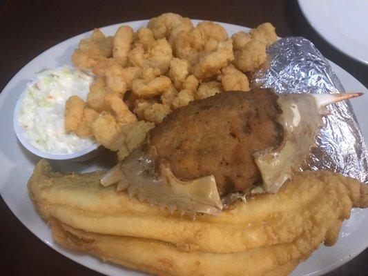 Large plate of shrimp, deviled crab, an even bigger piece of flounder and that heavenly potato