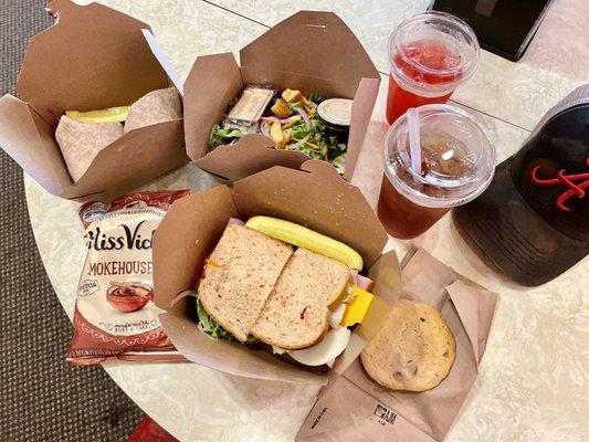 Harper Lee Wrap, Side Salad, Rockwell Sandwich, Chocolate Chip Cookie