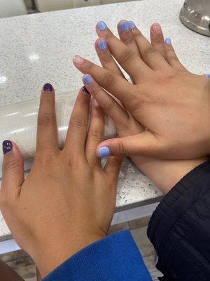 My nails (purple) and my friend's nails (blue)