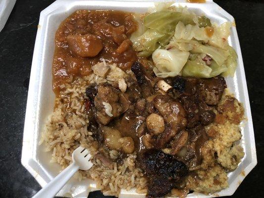 Oxtail, steamed rice, dressing, cabbage and candy yams.