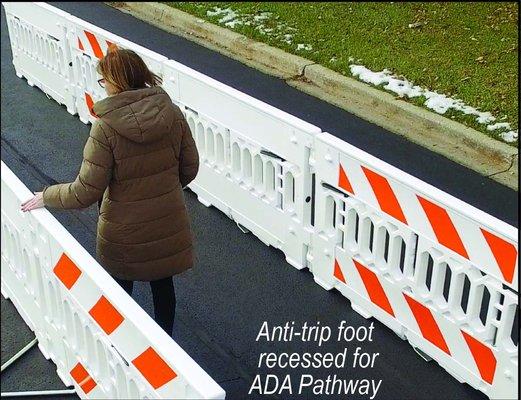 ADA approved pedestrian barricades to funnel pedestrians through work zones and events.