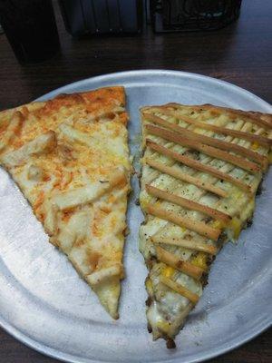 Buffalo Chicken Slice on the left, Cheeseburger slice on the right.