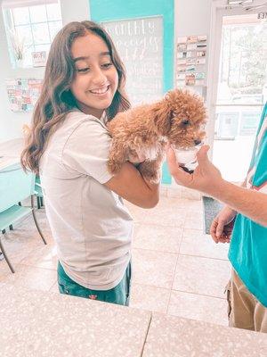 We love our furry friends!! 
Enjoying puppuccino