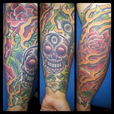 Half sleeve done on left arm by Jp Burns at Pinnacle Tattoo