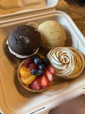 Fruit tart, lemon tart chocolate and coconut moon pies