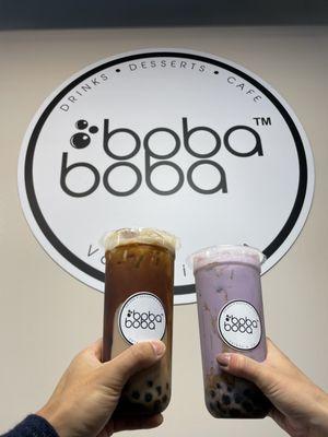 Brown sugar milk tea and taro milk tea!