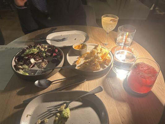 Roasted radicchio salad, mushroom tempura Prickly Pear Caipirinha and not sure of the other cocktail