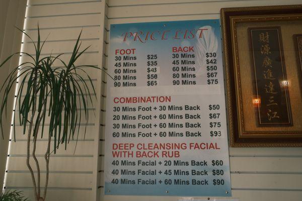 Pricing for bodywork, foot reflexology, combination massages. We also offer facials.