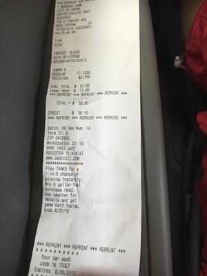 Reprinted receipt since pump won't print you one