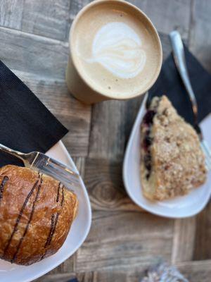 Latte, scone, croissant.