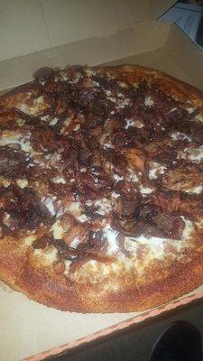 The new Smokehouse Pizza! Loaded with bacon, brisket, & pulled pork! Yummmm-eeeeeee