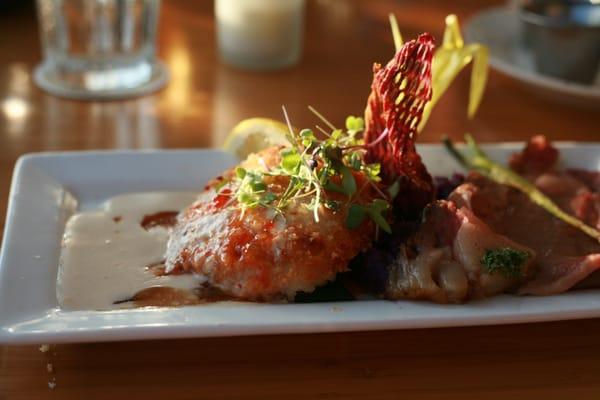 Lahaina Fish Co.'s famous mac nut crusted mahi with slow roasted prime rib.  (tasting tour plate only)