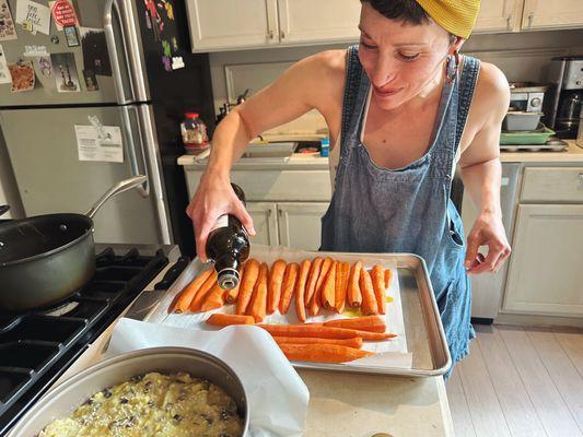 Getting carrots ready for the oven.