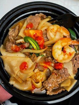 Shrimp and Beef drunken noodles (I asked for extra spicy and it was literally extra spicy , just the way I liked it)