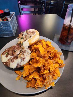 Senior's Psychedalic Burger with Sweet Potato Chips