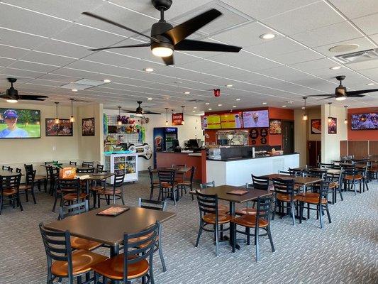 The interior of Happy Joe's Pizza & Ice Cream in St. Peters, MO. The restaurant features seating for up to 72 guests.